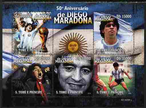 St Thomas & Prince Islands 2010 Diego Maradona perf sheetlet containing 5 values unmounted mint , stamps on , stamps on  stamps on personalities, stamps on  stamps on football