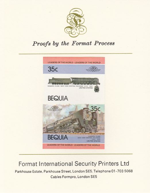 St Vincent - Bequia 1984 Locomotives #1 (Leaders of the World) 35c (4-8-4 New York Central Niagara Class) se-tenant pair imperf mounted on Format International proof cardSee 702050, stamps on railways