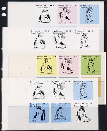 Equatorial Guinea 1977 Drawings of Nudes sheetlet containing 6 values - set of 4 imperf progressive proofs on ungummed paper comprising 1, 2, 3 and all 4 colours (as Mi 1..., stamps on arts   nudes