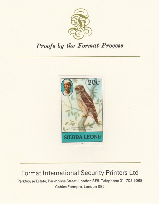 Sierra Leone 1983 Wood Owl 20c imperf proof mounted on Format International proof card as SG SG 767, stamps on birds, stamps on birds of prey, stamps on owls
