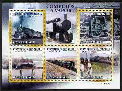 St Thomas & Prince Islands 2010 African Steam Trains perf sheetlet containing 5 values unmounted mint , stamps on railways