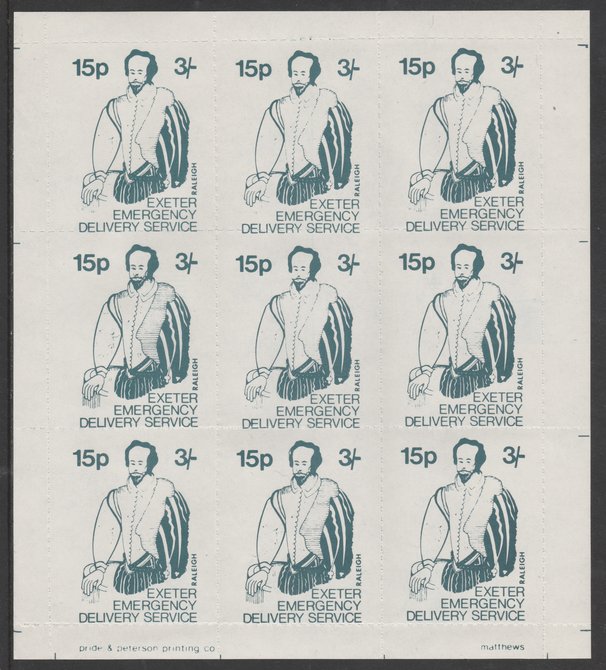 Great Britain 1971 Exeter Emergency Delivery Service 15p-3s label depicting Raleigh in complete sheet of 9 unmounted mint, stamps on explorers, stamps on cinderella, stamps on strike, stamps on tobacco