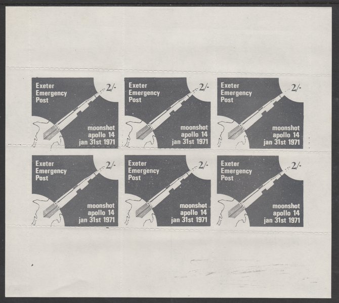 Great Britain 1971 Exeter Emergency Post 2s label depicting Apollo 14 Moonshot complete sheetlet of 6 unmounted mint, stamps on , stamps on  stamps on space, stamps on cinderella, stamps on strike