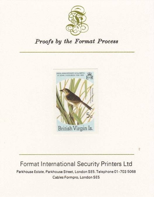 British Virgin Islands 1985 John Audubon Birds 5c Seaside Sparrow imperf proof mounted on Format International proof card, as SG 588, stamps on , stamps on  stamps on audubon  birds  