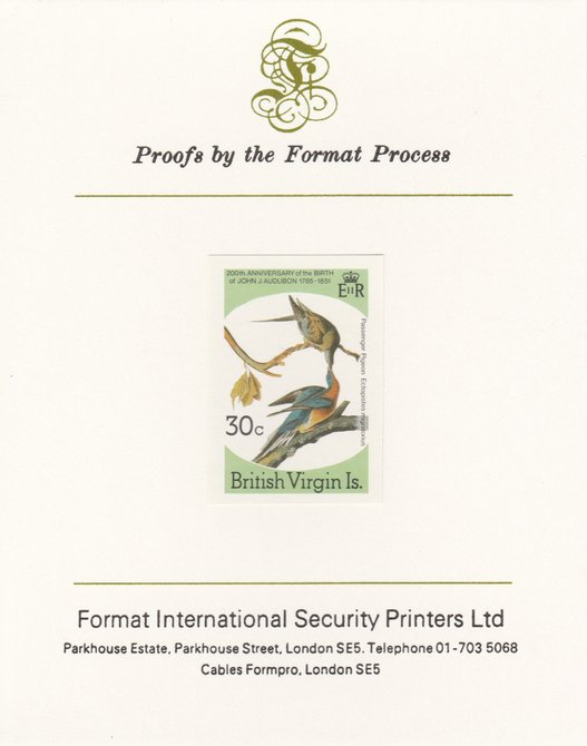 British Virgin Islands 1985 John Audubon Birds 30c Passenger Pigeon imperf proof mounted on Format International proof card, as SG 589, stamps on , stamps on  stamps on audubon, stamps on birds, stamps on pigeons