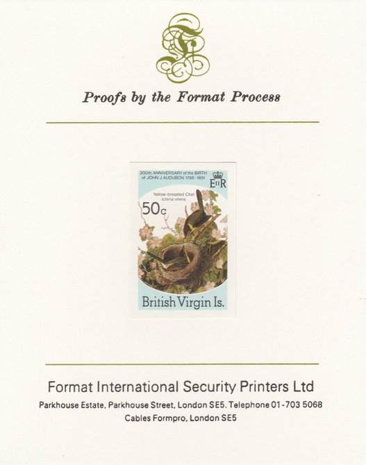 British Virgin Islands 1985 John Audubon Birds 50c Yellow Breasted Chat imperf proof mounted on Format International proof card, as SG 590, stamps on , stamps on  stamps on audubon  birds  