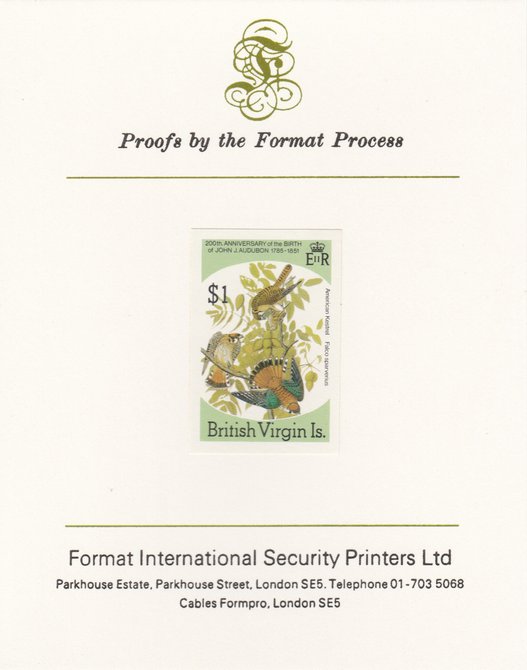 British Virgin Islands 1985 John Audubon Birds $1 American Kestrel imperf proof mounted on Format International proof card, as SG 591, stamps on audubon    birds     birds of prey