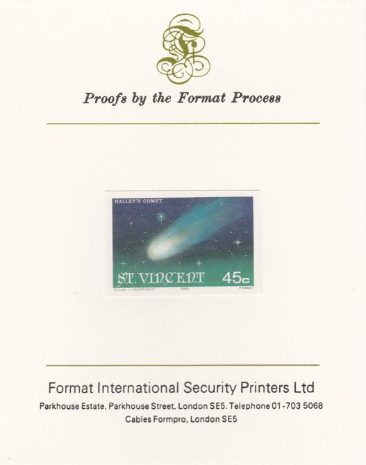 St Vincent 1986 Halley's Comet 45c (Comet) imperf proof mounted on Format International proof card, as SG 973, stamps on space, stamps on halley