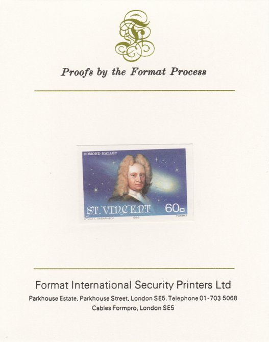 St Vincent 1986 Halleys Comet 60c (Edmond Halley) imperf proof mounted on Format International proof card, as SG 974, stamps on space, stamps on halley