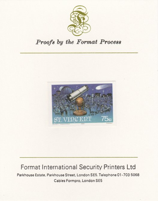 St Vincent 1986 Halleys Comet 75c (Newtons Telesope) imperf proof mounted on Format International proof card, as SG 975, stamps on space, stamps on maths, stamps on halley, stamps on newton