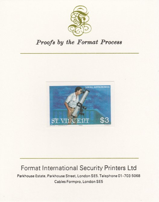 St Vincent 1986 Halley's Comet $3 (Amateur Astronomer with Telescope) imperf proof mounted on Format International proof card, as SG 976, stamps on space, stamps on astronomy, stamps on halley