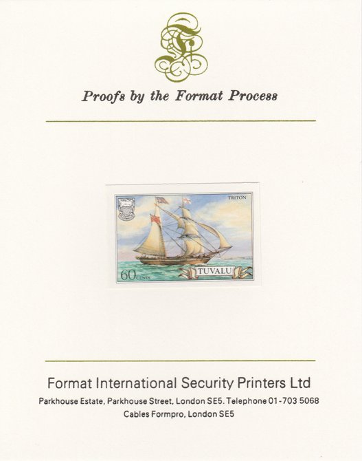 Tuvalu 1986 Ships #3 Brigantine Triton 60c imperf proof mounted on Format International proof card, as SG 380, stamps on , stamps on  stamps on ships