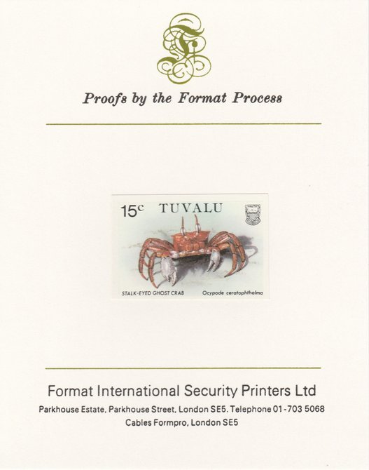 Tuvalu 1986 Crabs 15c (Ghost Crab) imperf proof mounted on Format International proof card, as SG 372, stamps on crabs, stamps on marine-life