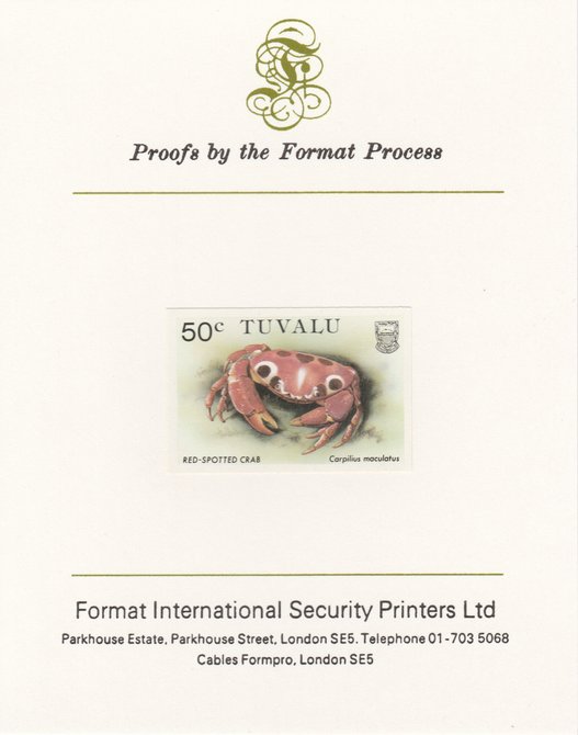 Tuvalu 1986 Crabs 50c (Red Spotted Crab) imperf proof mounted on Format International proof card, as SG 374, stamps on , stamps on  stamps on crabs, stamps on  stamps on marine-life