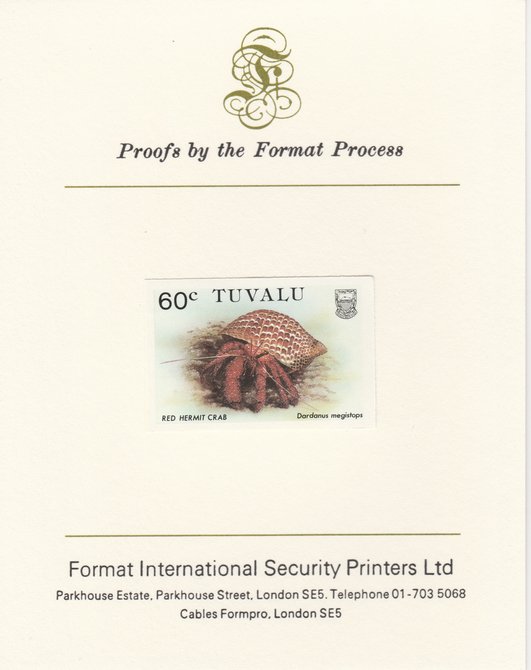 Tuvalu 1986 Crabs 60c (Red Hermit Crab) imperf proof mounted on Format International proof card, as SG 375, stamps on , stamps on  stamps on crabs, stamps on  stamps on marine-life