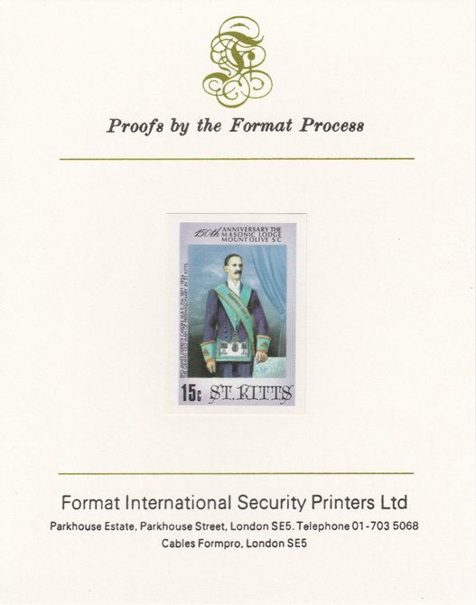 St Kitts 1985 Masonic Lodge 15c (James Derrick Cardin) imperf proof mounted on Format International proof card, as SG 177, stamps on , stamps on  stamps on masonics, stamps on rotary, stamps on  stamps on masonry