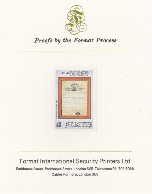 St Kitts 1985 Masonic Lodge $3 (Lodge Charter) imperf proof mounted on Format International proof card, as SG 180, stamps on , stamps on  stamps on masonics, stamps on rotary, stamps on  stamps on masonry