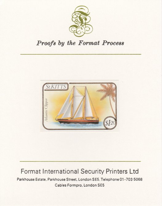 St Kitts 1985 Ships $1.20 (Atlantic Clipper Schooner) imperf proof mounted on Format International proof card, as SG 174, stamps on ships