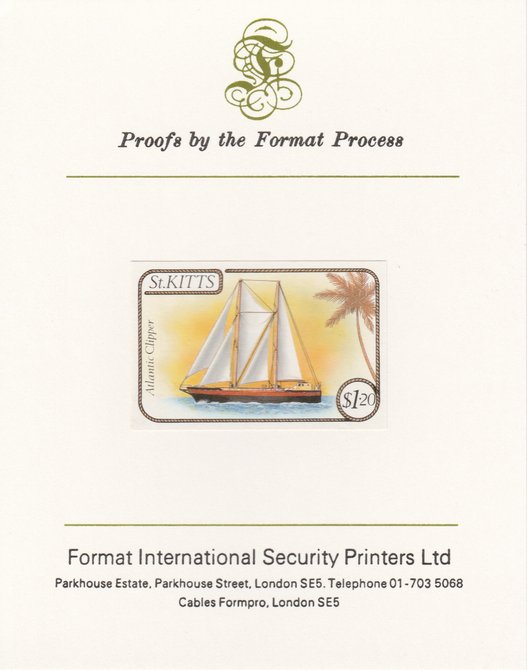 St Kitts 1985 Ships $1.20 (Atlantic Clipper Schooner) imperf proof mounted on Format International proof card, as SG 174, stamps on , stamps on  stamps on ships