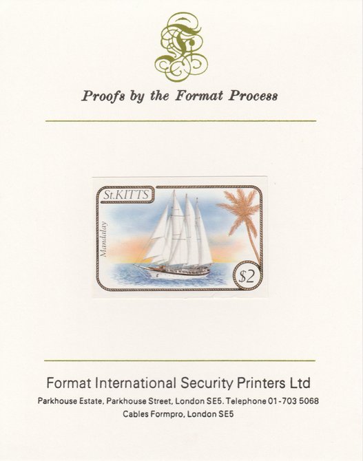 St Kitts 1985 Ships $2 (Schooner Mandalay) imperf proof mounted on Format International proof card, as SG 175, stamps on , stamps on  stamps on ships