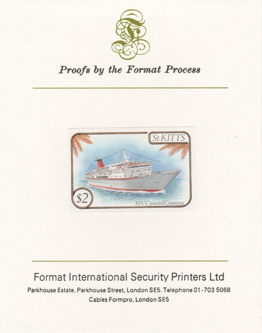 St Kitts 1985 Ships $2 (Cunard Liner) imperf proof mounted on Format International proof card, as SG 176, stamps on , stamps on  stamps on ships