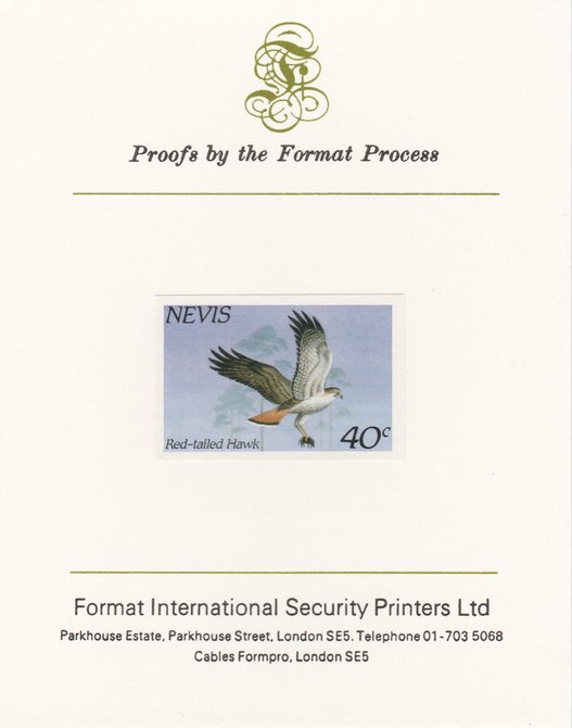 Nevis 1985 Hawks & Herons 40c (Red Tailed Hawk) imperf proof mounted on Format International proof card, as SG 266, stamps on birds   birds of prey    heron