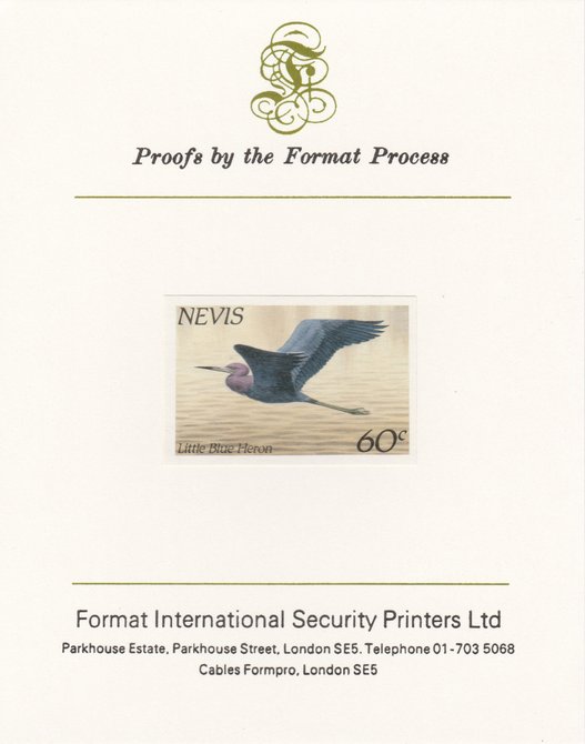 Nevis 1985 Hawks & Herons 60c (Little Blue Heron) imperf proof mounted on Format International proof card, as SG 267, stamps on , stamps on  stamps on birds   birds of prey   heron