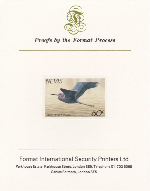Nevis 1985 Hawks & Herons 60c (Little Blue Heron) imperf proof mounted on Format International proof card, as SG 267, stamps on birds, stamps on birds of prey, stamps on heron