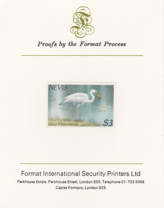 Nevis 1985 Hawks & Herons $3 (Great Blue Heron) imperf proof mounted on Format International proof card, as SG 268, stamps on birds     birds of prey     heron      frogs