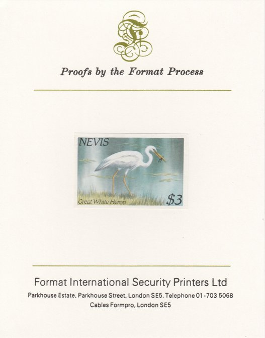 Nevis 1985 Hawks & Herons $3 (Great Blue Heron) imperf proof mounted on Format International proof card, as SG 268, stamps on birds, stamps on birds of prey, stamps on heron, stamps on  frogs