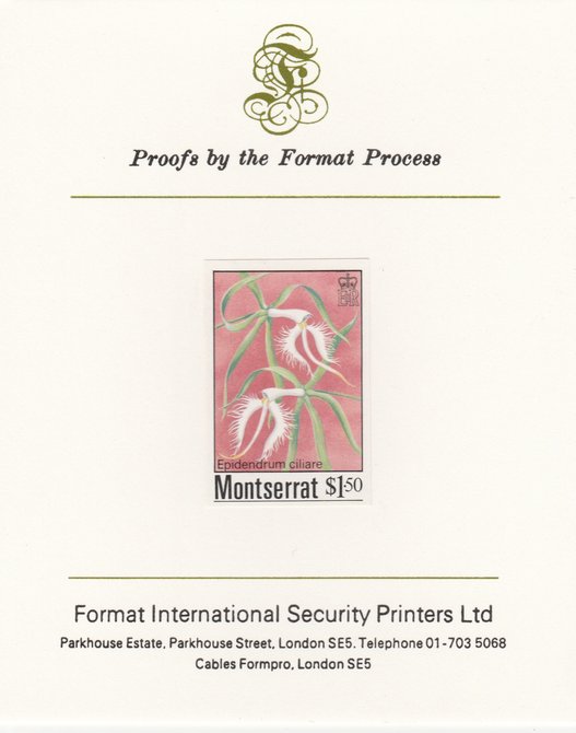 Montserrat 1985 Orchids $1.50 (Eppidendrum ciliare) imperf proof mounted on Format International proof card, as SG 633, stamps on , stamps on  stamps on flowers, stamps on  stamps on orchids