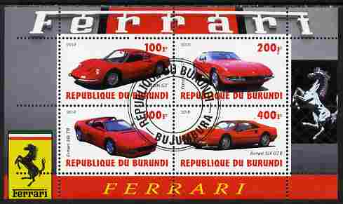 Burundi 2010 Ferrari Sports cars #1 perf sheetlet containing 4 values fine cto used, stamps on ferrari, stamps on cars, stamps on racing cars