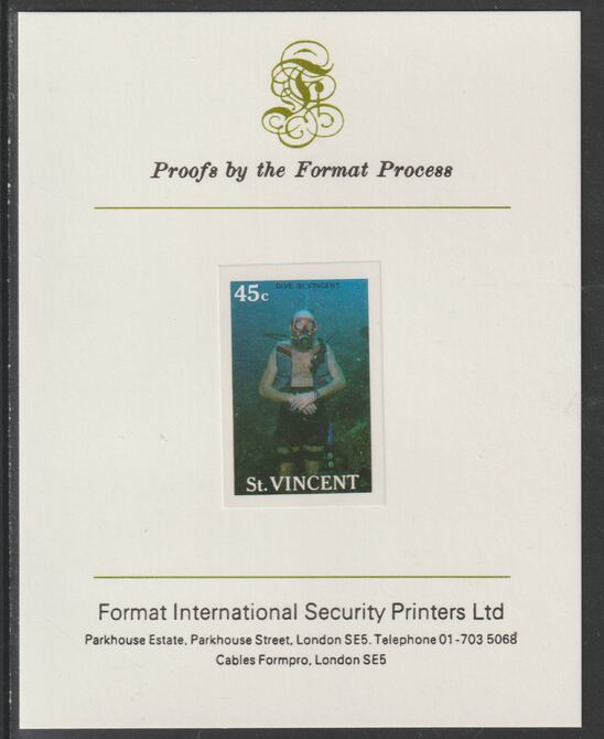 St Vincent 1988 Tourism 45c Scuba Diving imperf proof mounted on Format International proof card, as SG 1134, stamps on tourism, stamps on sport, stamps on scuba