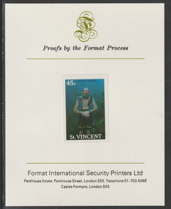 St Vincent 1988 Tourism 45c Scuba Diving imperf proof mounted on Format International proof card, as SG 1134, stamps on , stamps on  stamps on tourism, stamps on  stamps on sport, stamps on  stamps on scuba