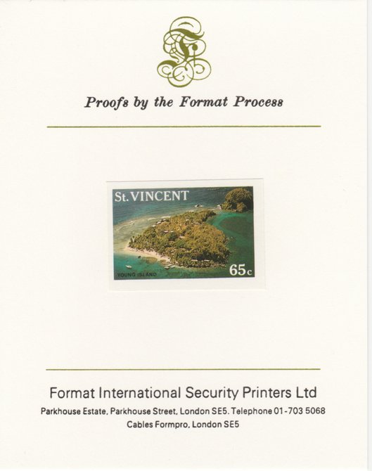 St Vincent 1988 Tourism 65c Aerial View of Young Island imperf mounted on Format International proof card, as SG 1135, stamps on tourism, stamps on 