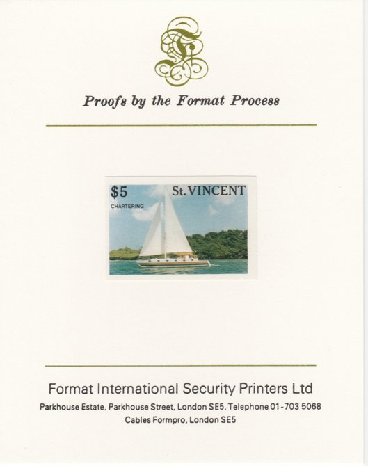 St Vincent 1988 Tourism $5 Cruising Yacht imperf mounted on Format International proof card, as SG 1136, stamps on tourism, stamps on yachts, stamps on sailing