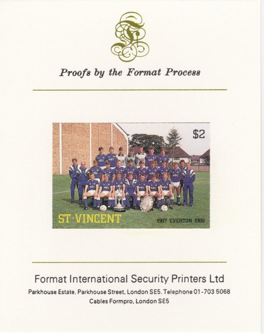 St Vincent 1987 English Football teams $2 Everton imperf mounted on Format International proof card as SG 1090, stamps on , stamps on  stamps on football, stamps on  stamps on sport, stamps on  stamps on everton