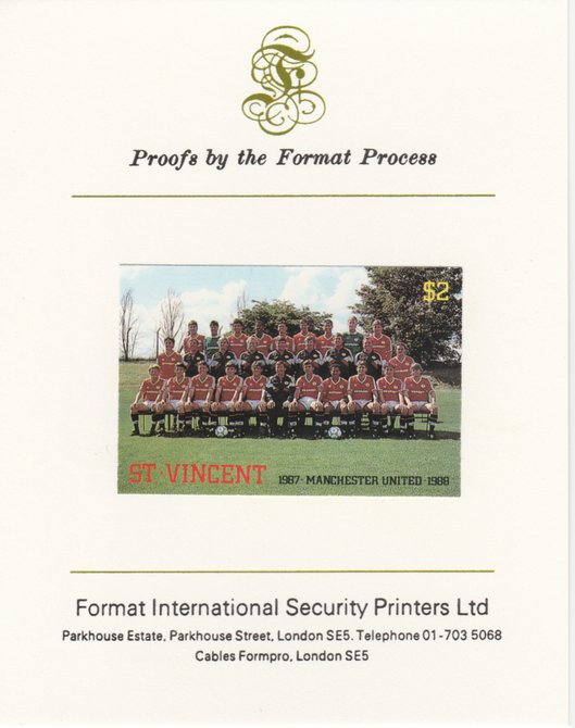 St Vincent 1987 English Football teams $2 Manchester United imperf mounted on Format International proof card, as SG 1091, stamps on , stamps on  stamps on personalities, stamps on  stamps on football, stamps on  stamps on sport