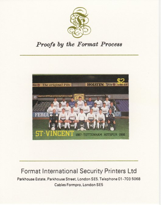 St Vincent 1987 English Football teams $2 Tottenham Hotspur imperf mounted on Format International proof card, as SG 1092, stamps on , stamps on  stamps on personalities, stamps on  stamps on football, stamps on  stamps on sport