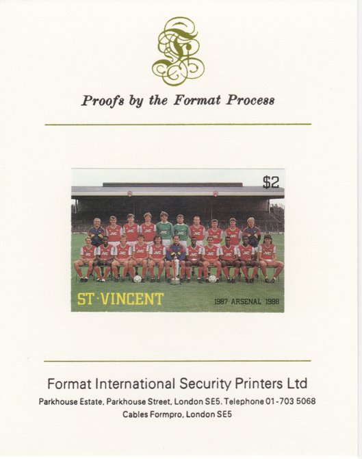 St Vincent 1987 English Football teams $2 Arsenal imperf mounted on Format International proof card, as SG 1093, stamps on football, stamps on sport, stamps on arsenal