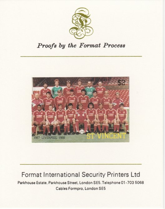 St Vincent 1987 English Football teams $2 Liverpool imperf mounted on Format International proof card, as SG 1094, stamps on , stamps on  stamps on football, stamps on  stamps on sport, stamps on  stamps on liverpool