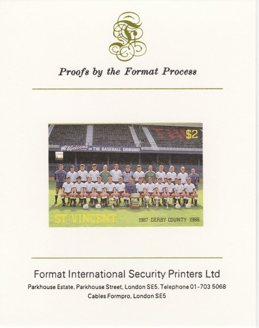 St Vincent 1987 English Football teams $2 Derby County imperf mounted on Format International proof card, as SG 1095, stamps on football, stamps on sport, stamps on derby, stamps on baseball