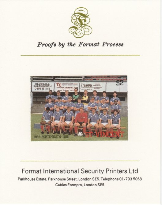 St Vincent 1987 English Football teams $2 Portsmouth imperf mounted on Format International proof card, as SG 1096, stamps on , stamps on  stamps on football, stamps on  stamps on sport, stamps on  stamps on portsmouth