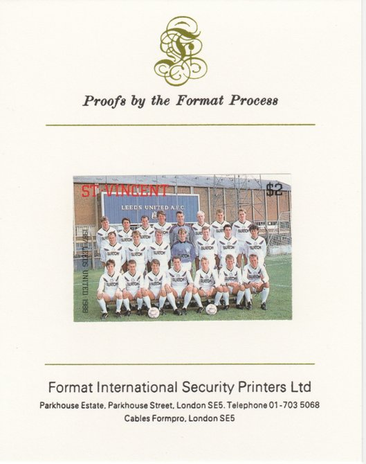 St Vincent 1987 English Football teams $2 Leeds United imperf mounted on Format International proof card, as SG 1097, stamps on , stamps on  stamps on football, stamps on  stamps on sport, stamps on  stamps on leeds