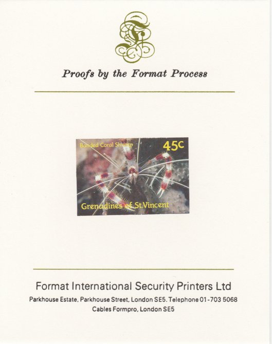 St Vincent - Grenadines 1987 Marine Life 45c Banded Coral Shrimp imperf mounted on Format International proof card as SG 542, stamps on marine life, stamps on coral, stamps on food