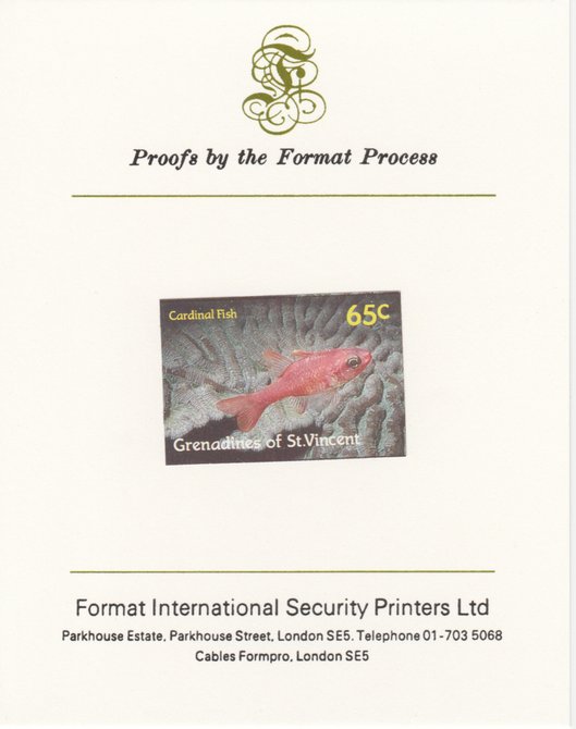 St Vincent - Grenadines 1987 Marine Life 65c Cardinal Fish imperf mounted on Format International proof card, as SG 544, stamps on , stamps on  stamps on marine life, stamps on  stamps on fish