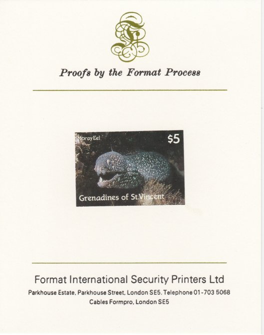 St Vincent - Grenadines 1987 Marine Life $5 Spotted Moray Eel imperf mounted on Format International proof card, as SG 545, stamps on , stamps on  stamps on marine life, stamps on  stamps on fish