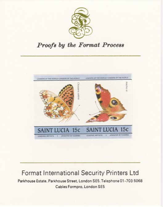 St Lucia 1985 Butterflies (Leaders of the World) 15c imperf se-tenant pair mounted on Format International proof card, as SG 781a, stamps on , stamps on  stamps on butterflies