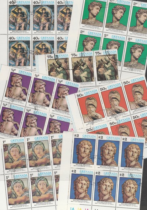 Grenada - Grenadines 1975 Michelangelo cto set of 7 in complete (folded) sheets of 50, SG 68-74 (50 sets = 350 stamps), stamps on , stamps on  stamps on arts, stamps on  stamps on michelangelo, stamps on  stamps on renaissance, stamps on  stamps on judaica