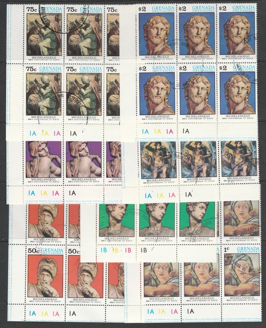 Grenada - Grenadines 1975 Michelangelo cto set of 7 each in plate block of 6 SG 68-74 , stamps on arts, stamps on michelangelo, stamps on renaissance, stamps on judaica